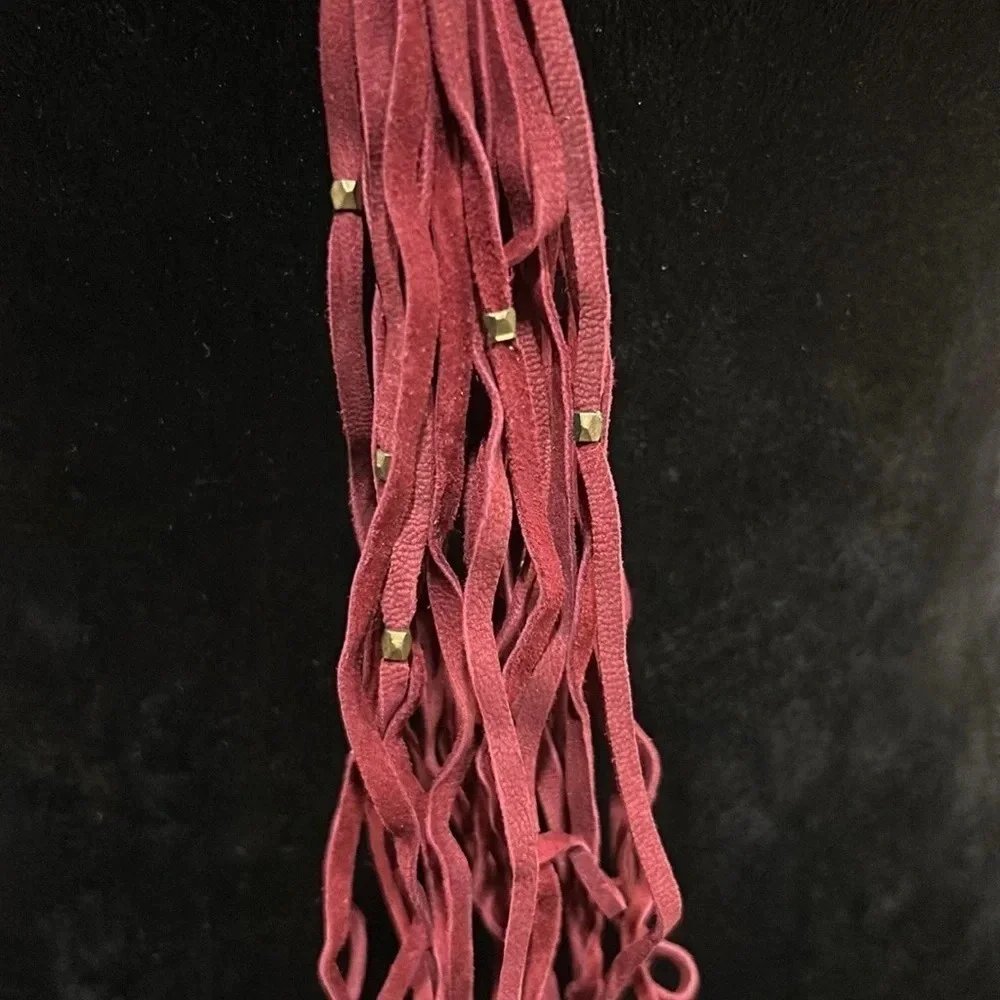Handmade Faux Maroon Suede &‎ Gold Bead Long Tassel Necklace NWT
